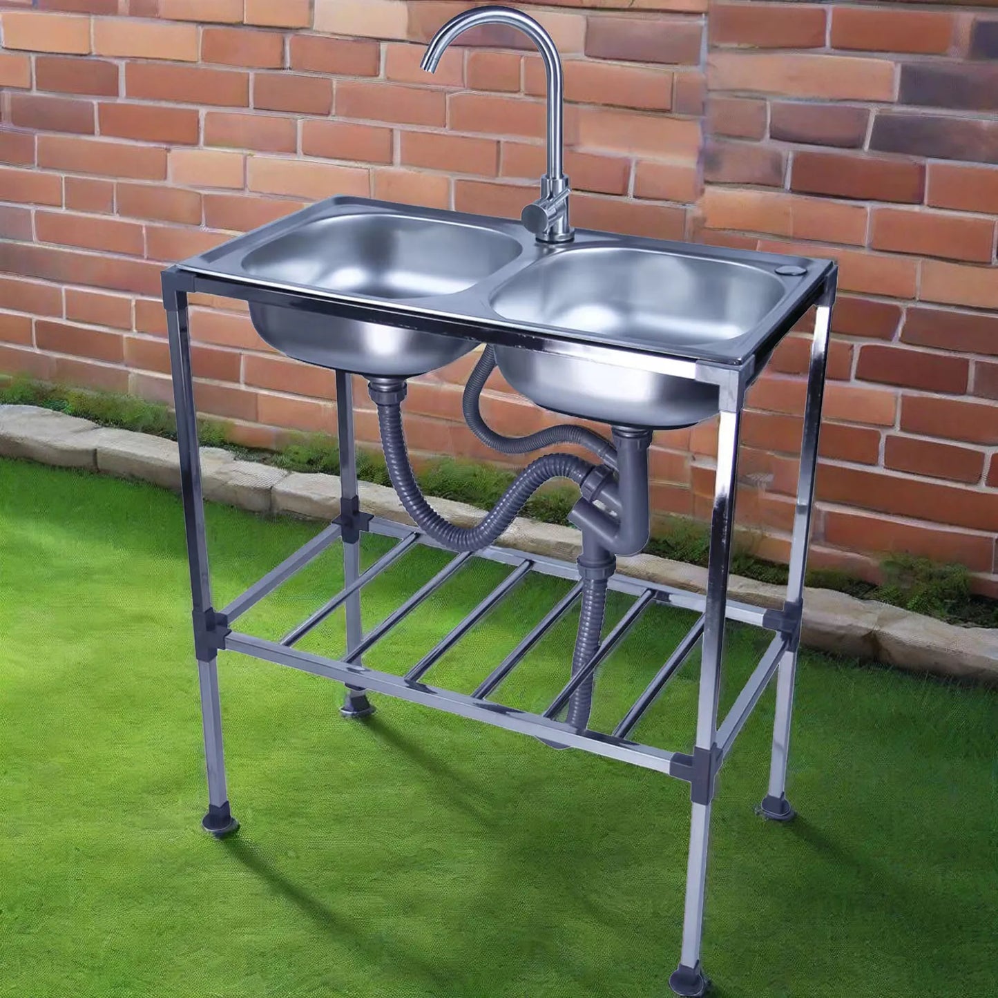 Dubbele Waskom RVS – Dubbele Spoelbak – Vaatbak RVS – Keukenspoelbak – Vrijstaande Spoelbak – Roestvrij Staal – 75x40x83 cm – Mengkraan Warm & Koud