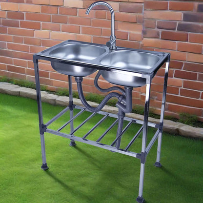 Dubbele Waskom RVS – Dubbele Spoelbak – Vaatbak RVS – Keukenspoelbak – Vrijstaande Spoelbak – Roestvrij Staal – 75x40x83 cm – Mengkraan Warm & Koud