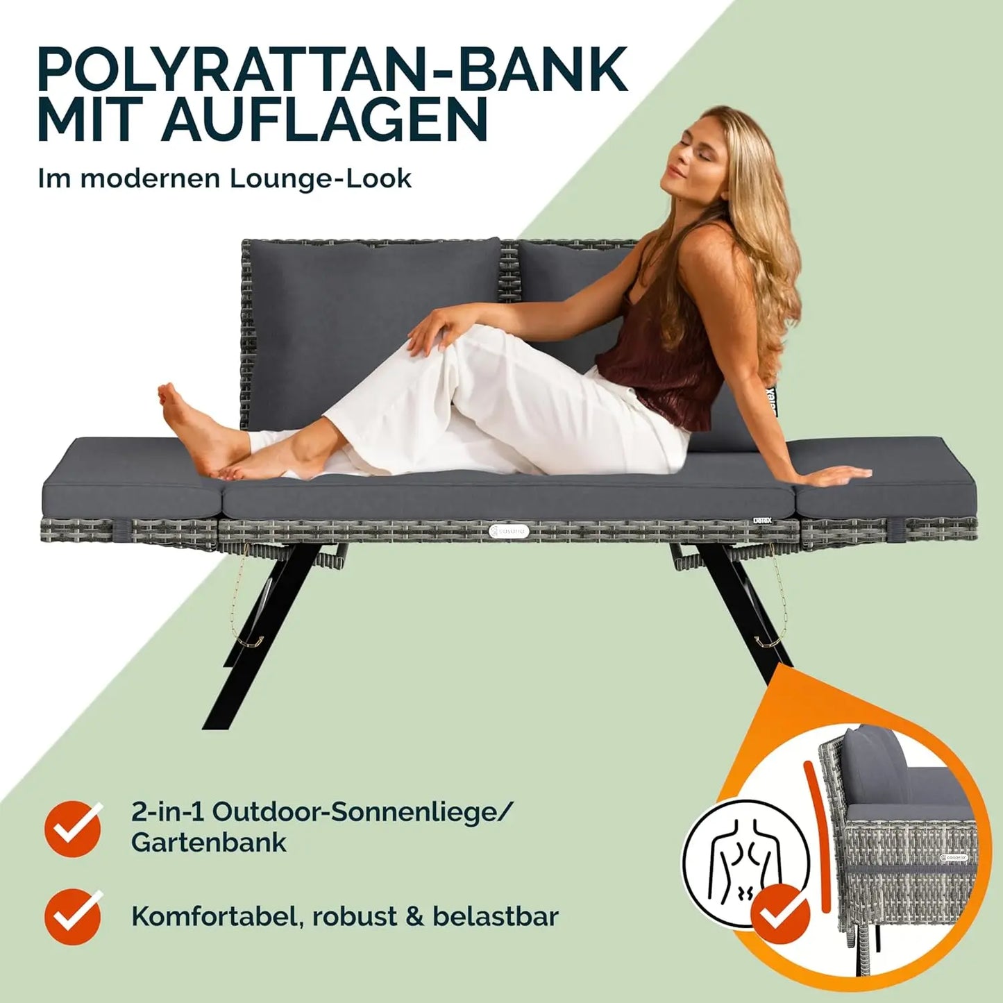 3-zits Polyrattan Tuinbank – Buitenbank – Tuinmeubel – Loungesofa – Tuinsofa – Verstelbare Armleuningen – Weerbestendig Stalen Frame - Grijs - QUORE
