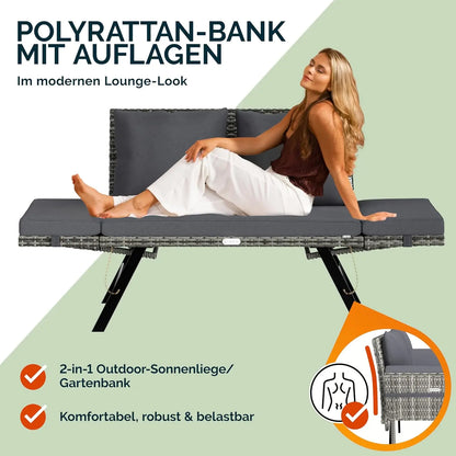 3-zits Polyrattan Tuinbank – Buitenbank – Tuinmeubel – Loungesofa – Tuinsofa – Verstelbare Armleuningen – Weerbestendig Stalen Frame - Grijs - QUORE