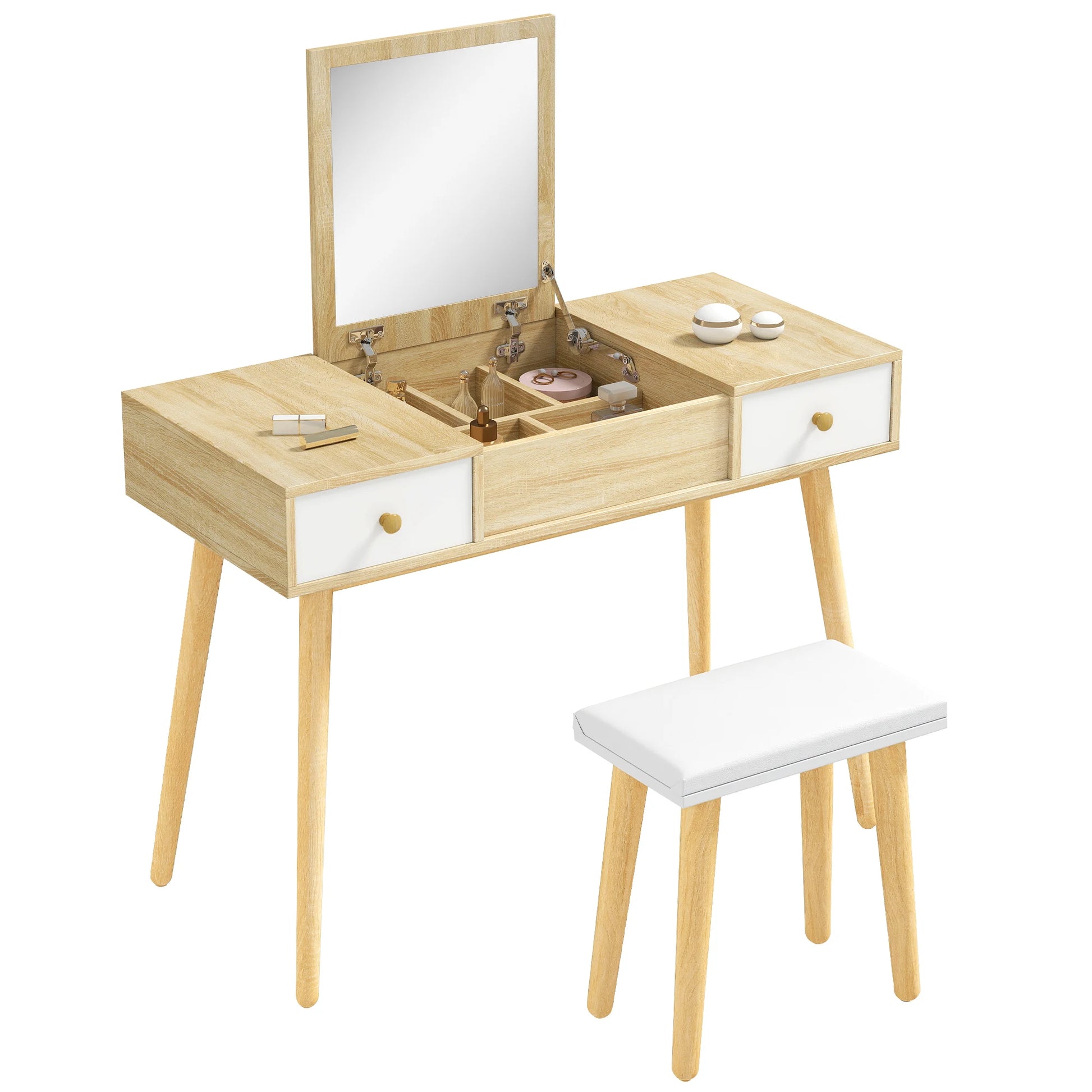 Kaptafel – Make-Up Tafel – Schminktisch – Slaapkamermeubel – Opbergruimte – 2 Lades – Zachte Kruk - 100 x 45 x 118 cm - QUORE