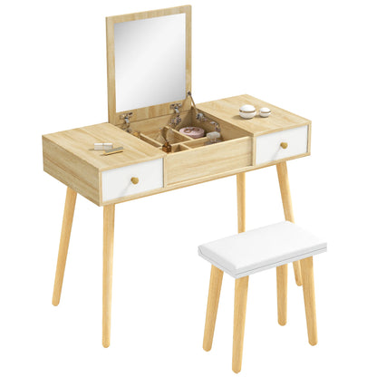Kaptafel – Make-Up Tafel – Schminktisch – Slaapkamermeubel – Opbergruimte – 2 Lades – Zachte Kruk - 100 x 45 x 118 cm - QUORE