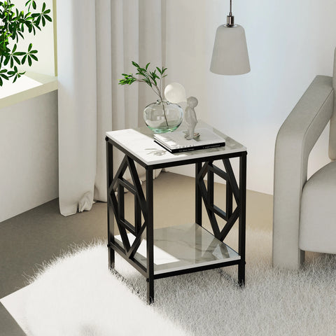 Table - Side Table - Marble Texture - Square Side Table - Modern Minimalist - Black Steel Frame - 40x40x58cm - White and Black