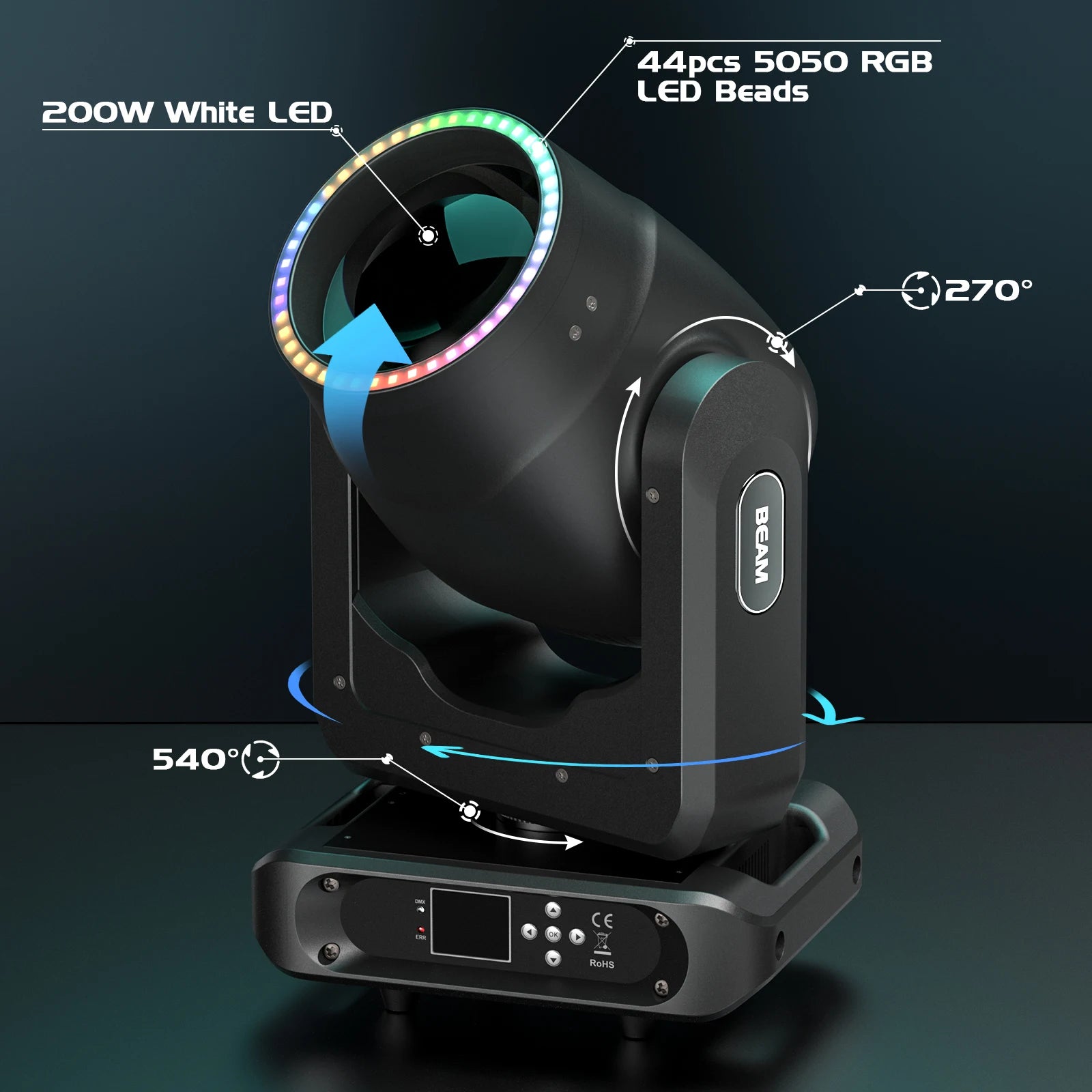 Moving Head Beam Light – Moving Head Spot – Stage Lamp – DJ Verlichting – Feestverlichting – 200W LED Vermogen – 17 Gobo Patronen – EU Plug – Professionele Lichtshow - QUORE