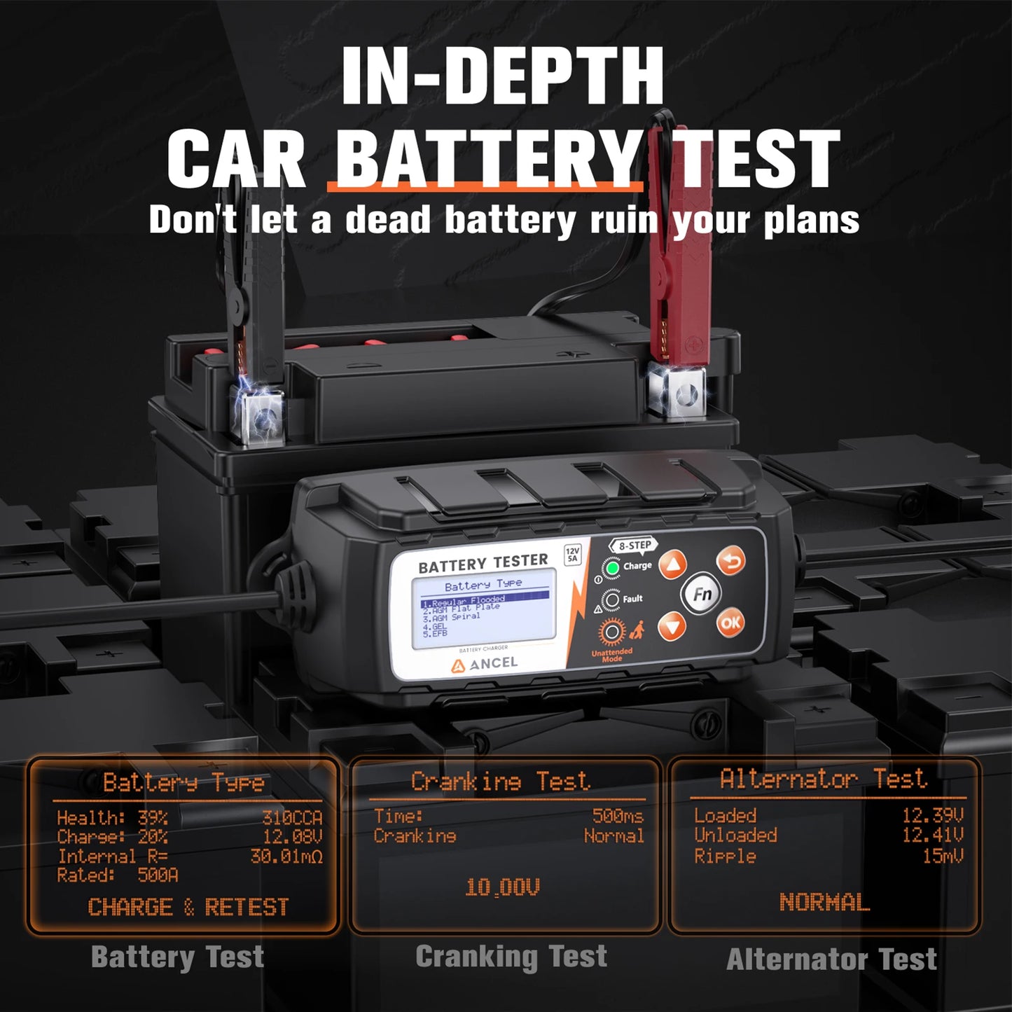 Acculader 12V – Batterijlader – Accu Tester – Accu Onderhoud – 8-Stappen Laadproces – IP65 Waterdicht – Automatische Herstelfunctie