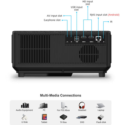 Mini Beamer - Projector - Digitale Beamer - Draagbaar - 1080P Projector - 4K Full HD - Met Auto Focus - 21000LM - 2500ANSI - AC100-240V / 50-60Hz -  Android System - 205W - Zwart