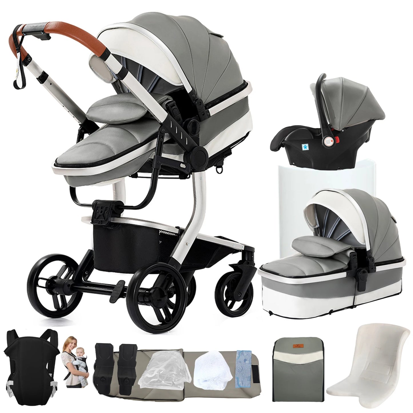 3 in 1 Baby Stroller with Leather Handle High Landscape Foldable Lightweight Pushchair Reclining Seat for Newborn to Toddler