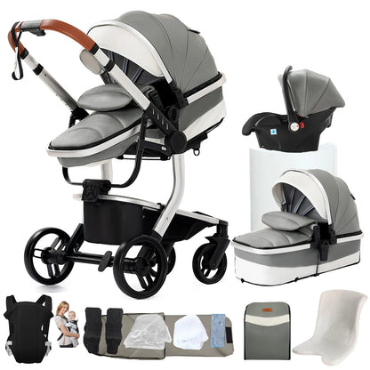 3 in 1 Baby Stroller with Leather Handle High Landscape Foldable Lightweight Pushchair Reclining Seat for Newborn to Toddler