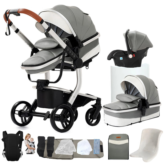 3 in 1 Baby Stroller with Leather Handle High Landscape Foldable Lightweight Pushchair Reclining Seat for Newborn to Toddler