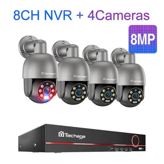 Techage UHD 8CH 4K PTZ POE Security Camera System 2K 5MP Color Night Vision CCTV Video Surveillance Protection Kit Human Detect - QUORE