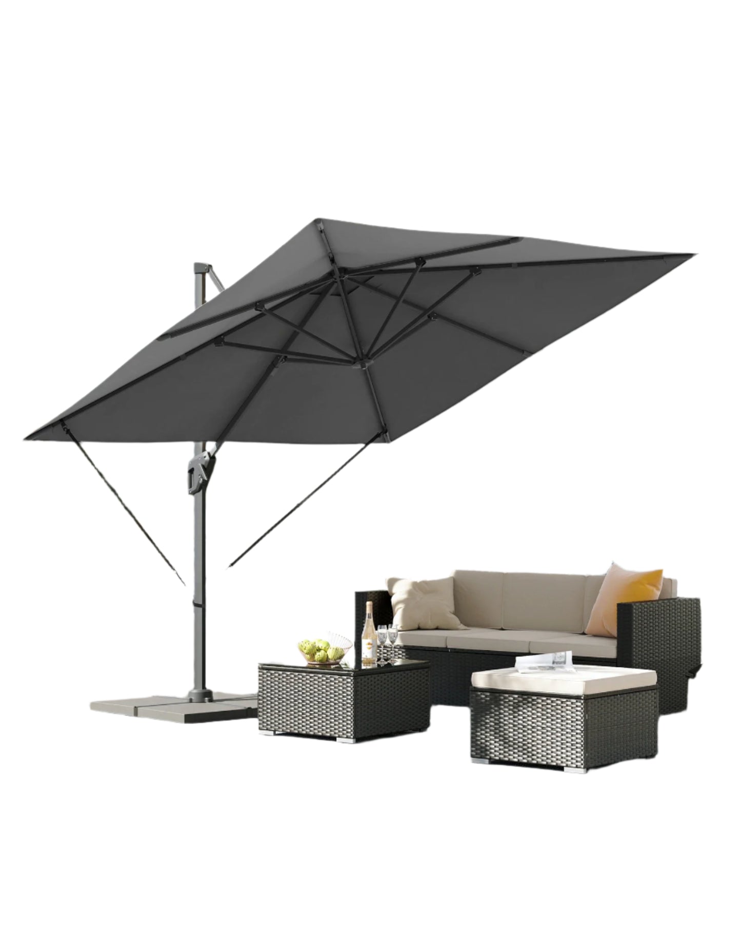 Parasol – Tuinparasol – Terrasparasol – Zonneparasol – Rond – 290x290 Cm – 360° Draaibaar - Rookgrijs - QUORE