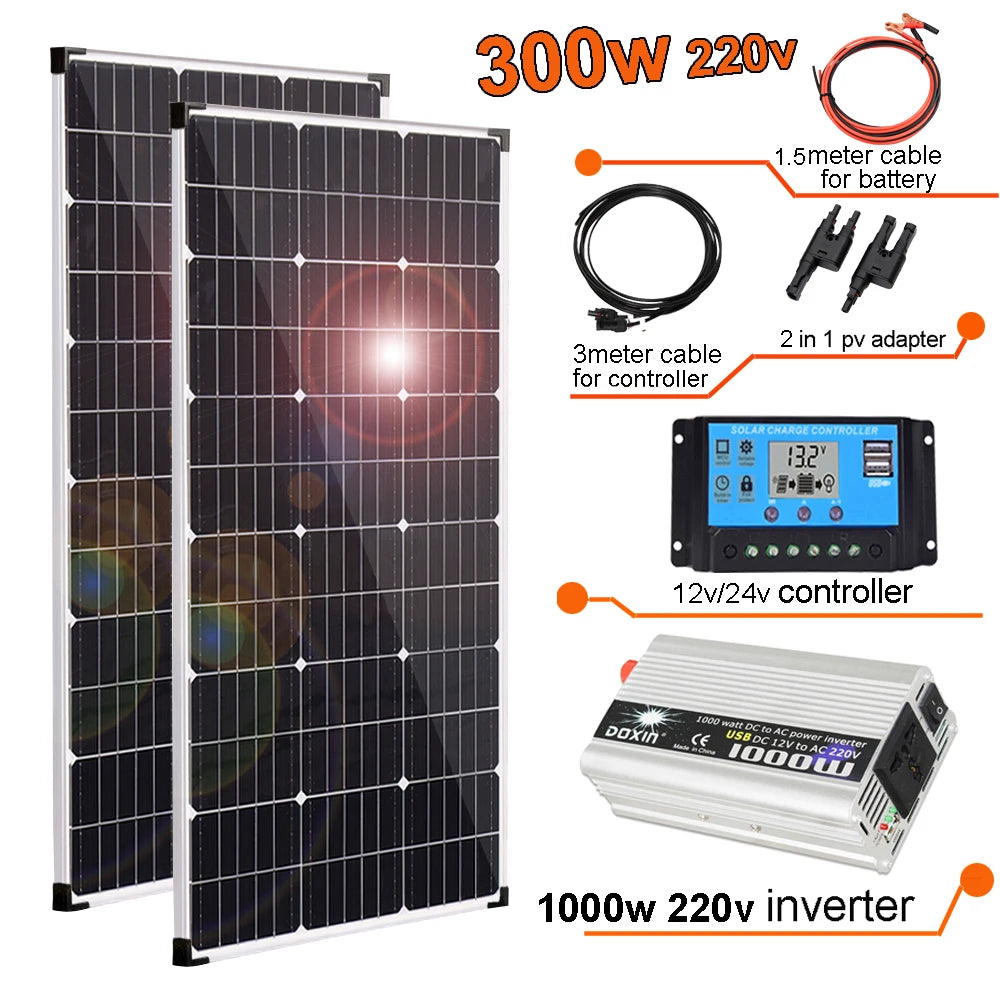 Zonnepaneel - Zonnepanelen - Zonne-energie - Zonne-kit - 12V Module - 300W - 2 Stuks - Aluminium Frame Lichtgewicht Fotovoltaïsch Paneelsysteem - 220V Inverter - Waterdicht - voor Boot - Camper - Caravan - RV - Tuin - QUORE
