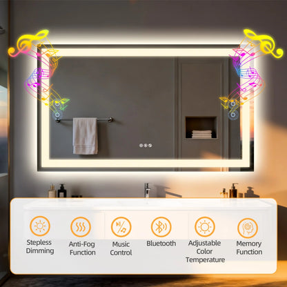 LED Badkamerspiegel – Spiegelpaneel – Lichtspiegel – Make-up Spiegel – Badkamer Wandspiegel – 50x70 cm – Ingebouwde Bluetooth Speaker – Anti-Fog Met Dimbaar LED-Licht - QUORE