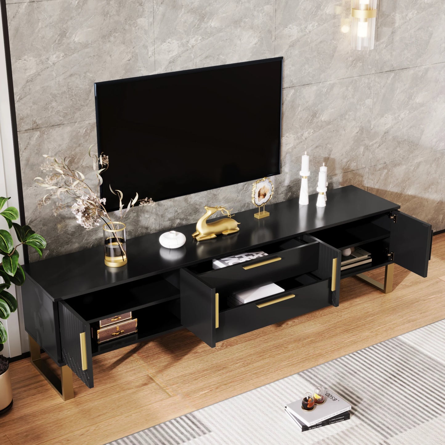 Tv-Meubel – Hoogglans Meubel – TV Kast – Woonkamermeubel – Gouden Accenten – 170 Cm Breed – MDF Materialen - Wit