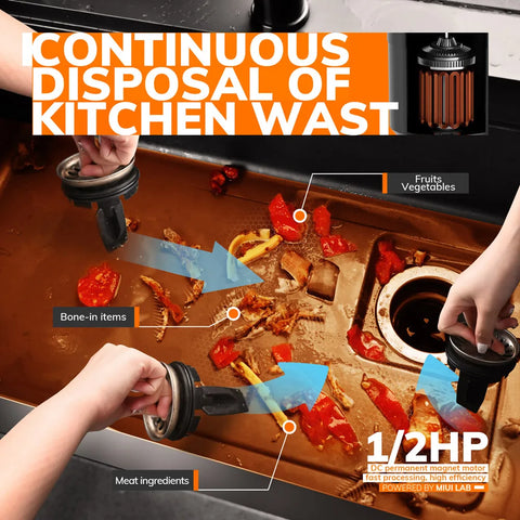 MIUI - Grinder - Continue Voedselverspillingsverwerker - Voedselvermaler - Afvalverwijderaar - met Geluidsreductie, 1/2 HP Voedselafvalvermaler met 3-laags roestvrijstalen maalsysteem - Zwart