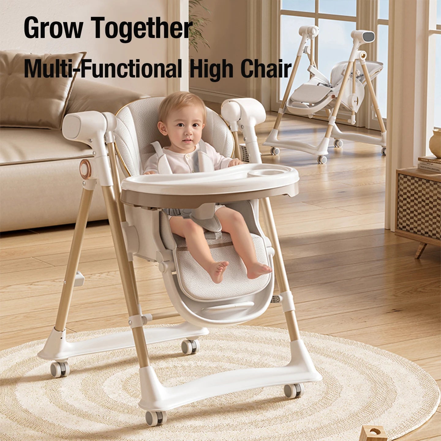 3-in-1 Baby Feeding Dining High Chair with Smooth Electric Swing and Convertible Reclining Bed Seat for Comfortable Eating Sleep