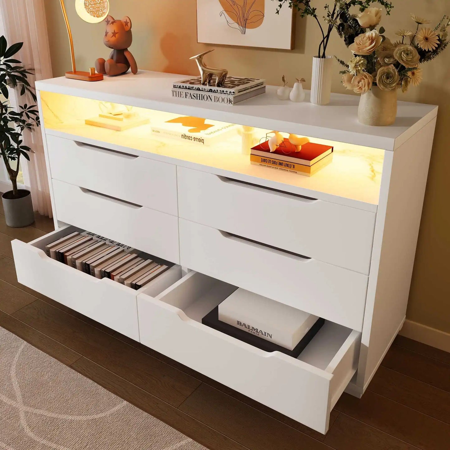 Ladenkast – Ladekast – Kast Met Laden – Opbergkast – Moderne Marmerlook – 6 Laden – LED-Verlichting - QUORE