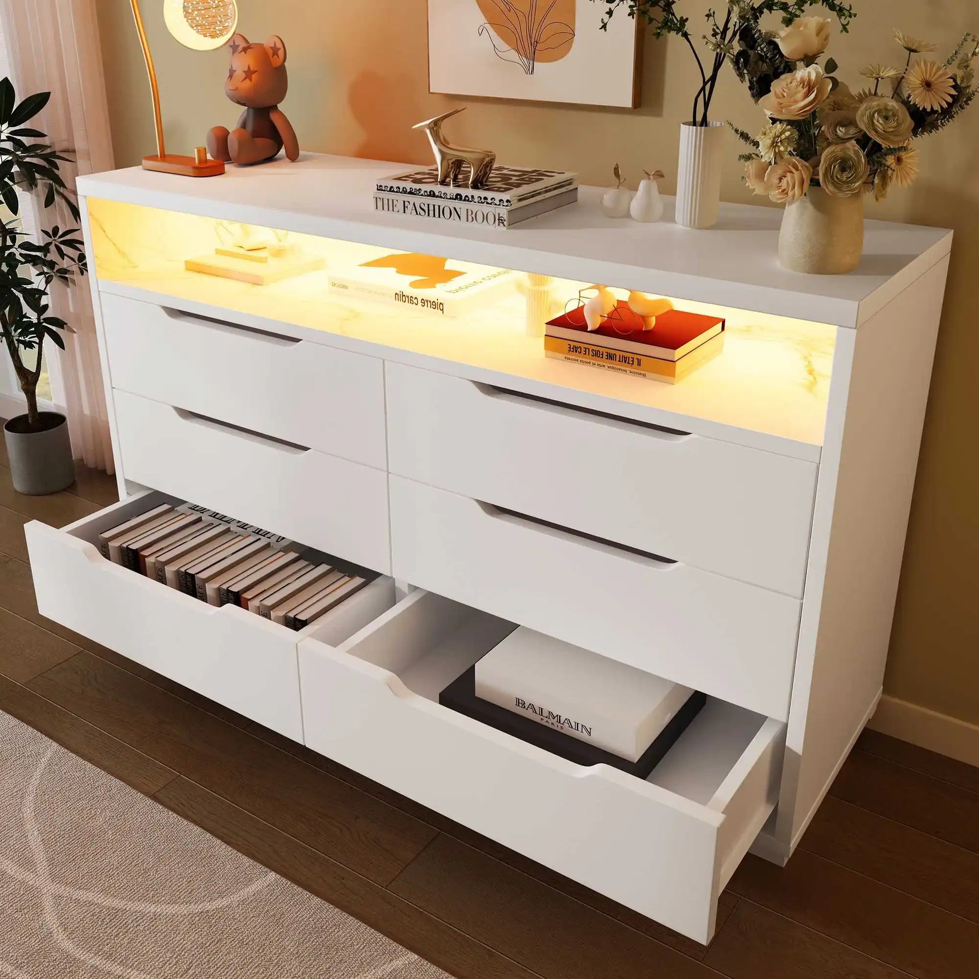 Ladenkast – Ladekast – Kast Met Laden – Opbergkast – Moderne Marmerlook – 6 Laden – LED-Verlichting - QUORE