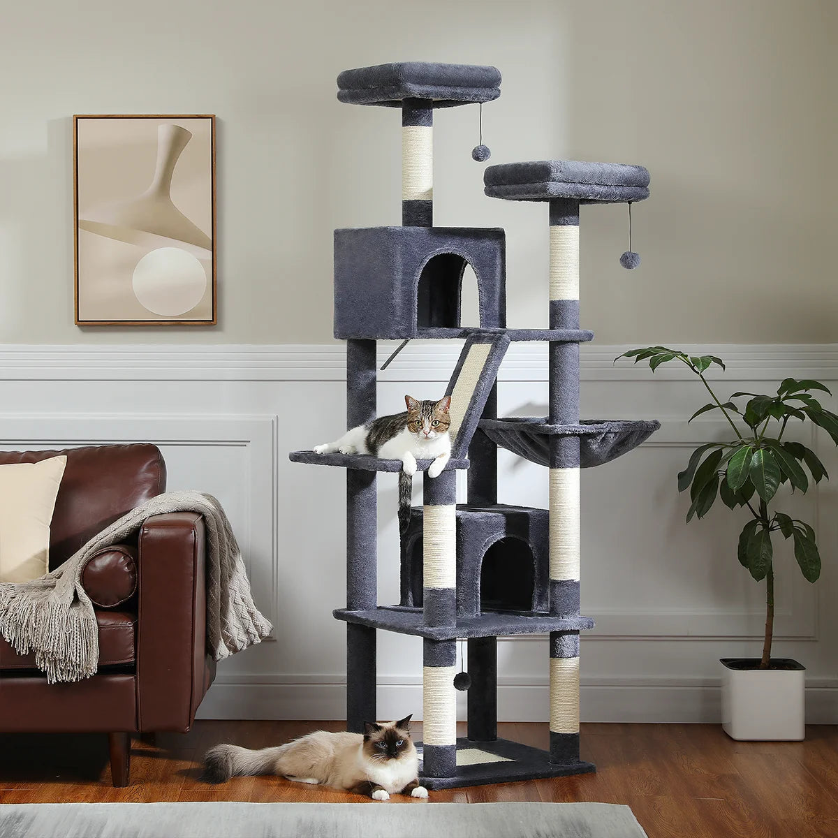 Kattenboom - voor Grote Binnenkatten – Krabpaal - Hoog Kattenmeubel - met Natuurlijke Sisal Krabpalen - Extra Grote Hangmat - 2 Kattenhuisjes - Meerdere Verdiepingen – Arbre a Chat - 180cm - Donkergrijs