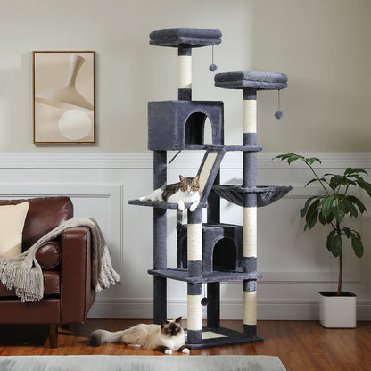 Kattenboom - voor Grote Binnenkatten – Krabpaal - Hoog Kattenmeubel - met Natuurlijke Sisal Krabpalen - Extra Grote Hangmat - 2 Kattenhuisjes - Meerdere Verdiepingen – Arbre a Chat - 180cm - Donkergrijs