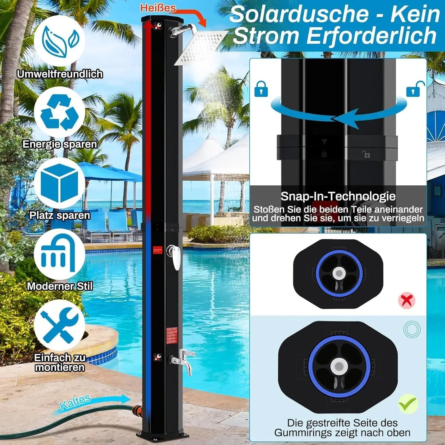 Buitendouche - Solar Buitendouche - 60L - Tuindouche - Buitendouche Zonneenergie - Vrijstaande 360° Douchekop met Voetkraan, Temperatuurregeling tot 60°C - Zwart - QUORE