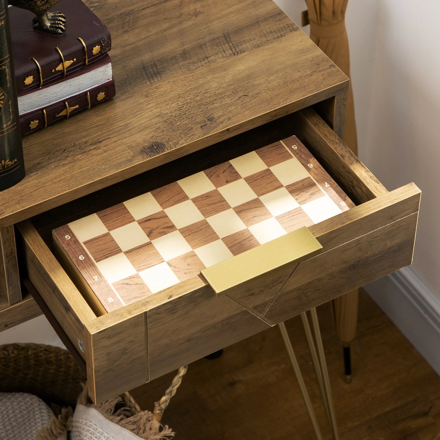 Consoletafel – Sidetable – Halmeubel – Opbergmeubel – Melamine Hout – Stalen Poten – Compact Formaat - 120 x 29 x 79 cm - Hout & Brons