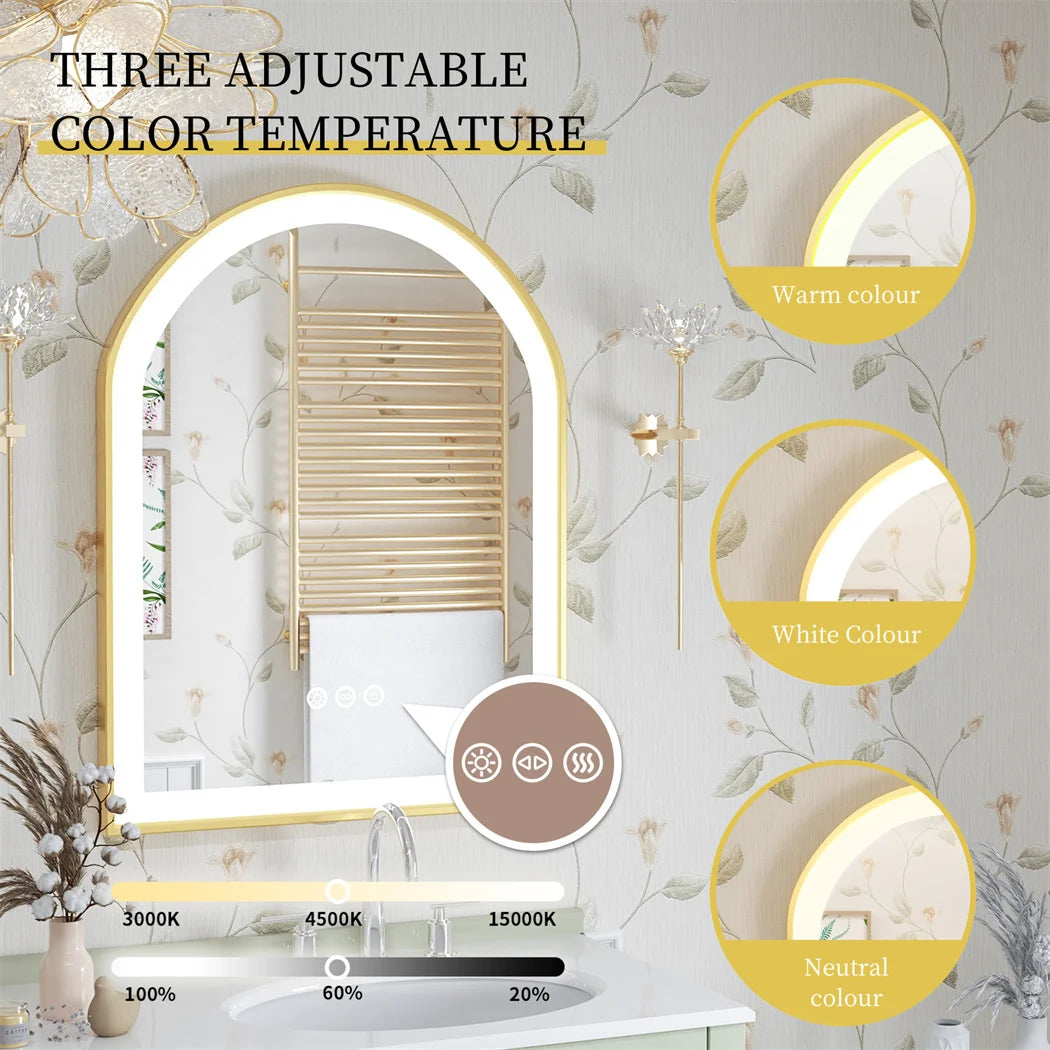 LED Badkamerspiegel – Badkamerspiegel Met Led – Spiegel Met Verlichting – Boogvormige Spiegel – Aluminium Frame – Anti-Condens Functie – Drie Lichtkleuren - 90x60 cm - QUORE