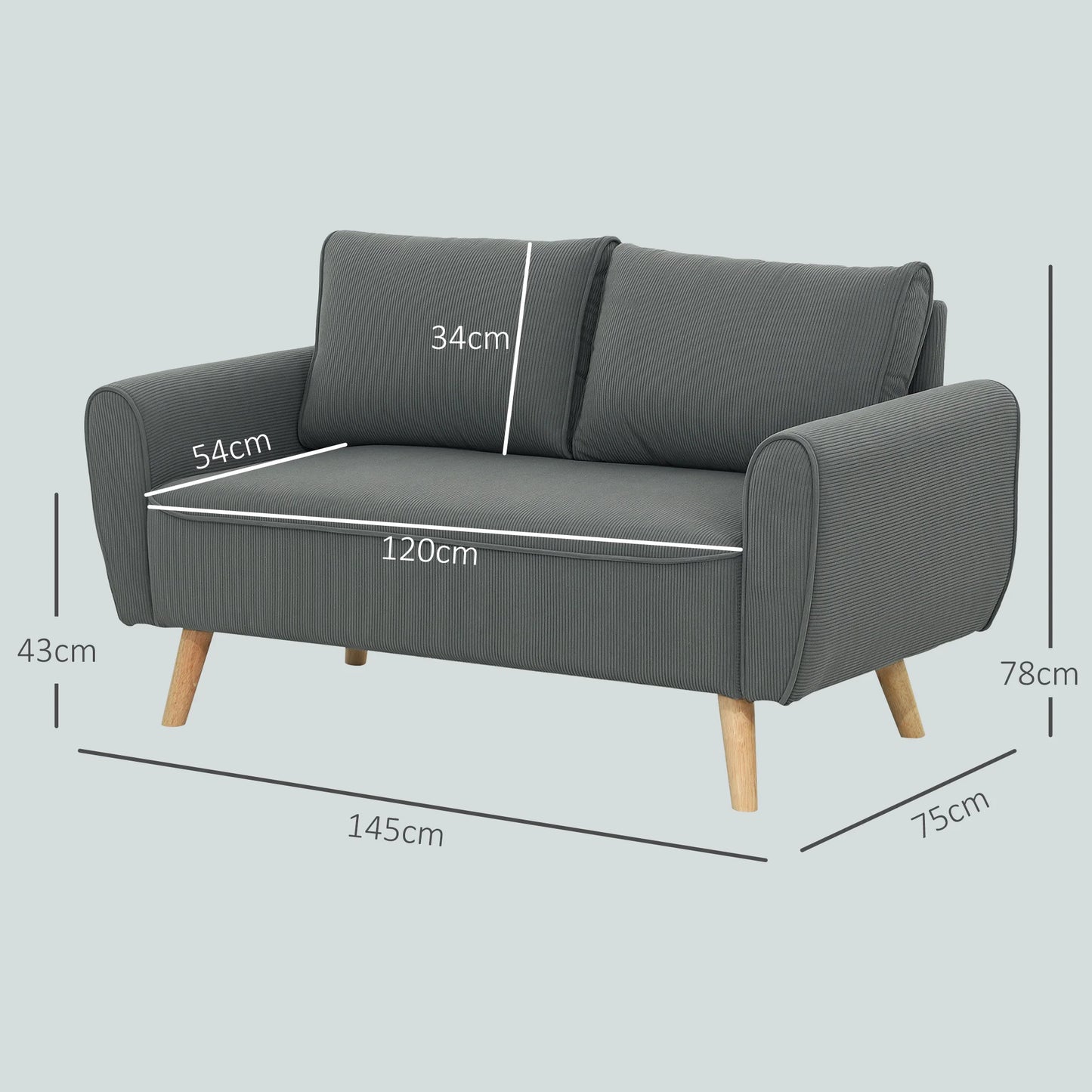 2-zits bank – tweezitsbank – zitbank – loveseat – compacte bank – donkergrijs – extra diepe zit 54 cm – cordstof met houten frame