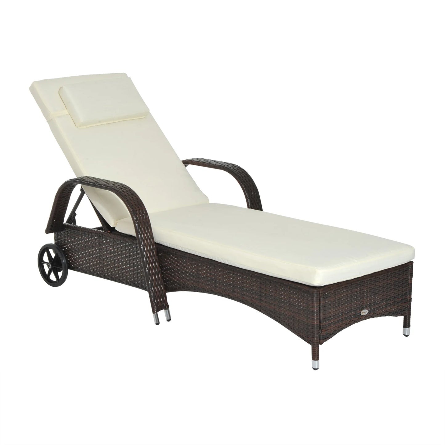 Rattan Tuin Lounger met Verstelbare Rugleuning en Kussens - 2 Wielen - Bruin Outdoor Zonnebed - QUORE