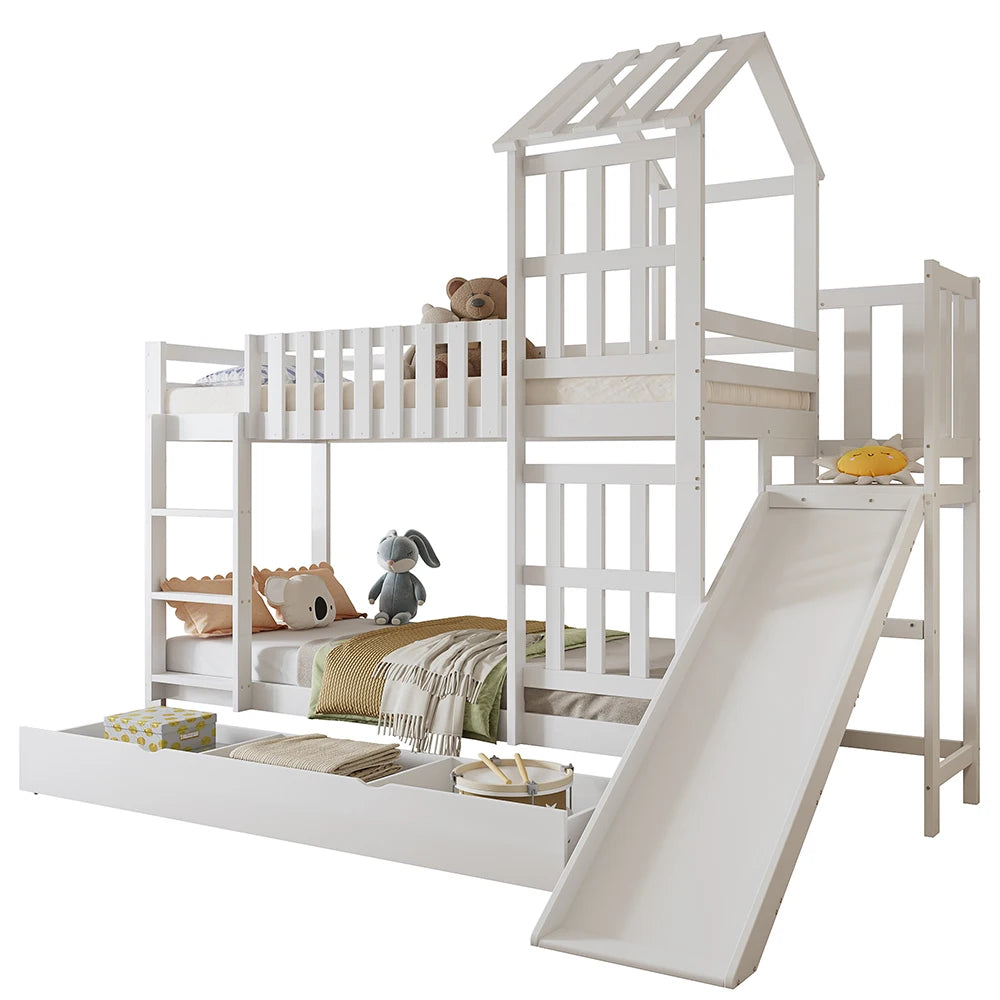 Kinder Stapelbed – Kinderbed – Bunkbed – Hoogslaper – Stapelbed Met Glijbaan – Wit – 90x200 cm – Grote Lade Op Wieltjes – Stevig Massief Hout