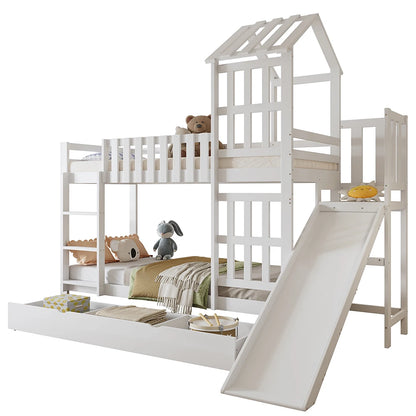 Kinder Stapelbed – Kinderbed – Bunkbed – Hoogslaper – Stapelbed Met Glijbaan – Wit – 90x200 cm – Grote Lade Op Wieltjes – Stevig Massief Hout