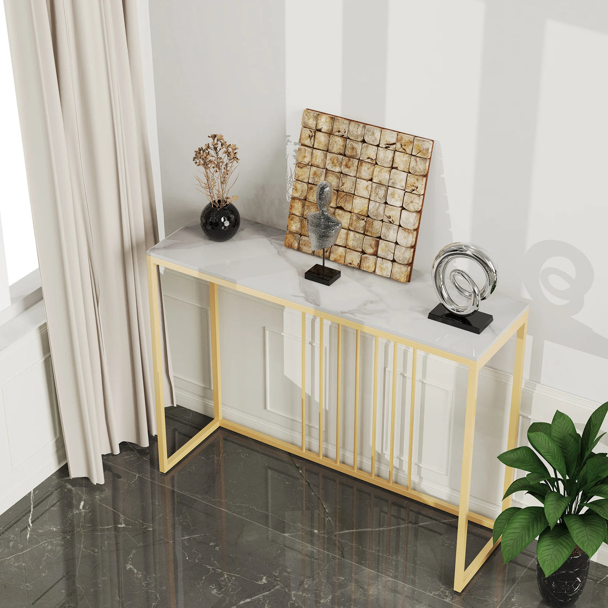 Tafel - Consoletafel - Haltafel - Moderne & Minimalistisch Consoletafel – Marmeren Look – Smalle Haltafel met Gouden Metaal Frame – Luxe Bijzettafel - voor Woonkamer - Gang - Entree - 100x30x78.5cm - Wit - QUORE