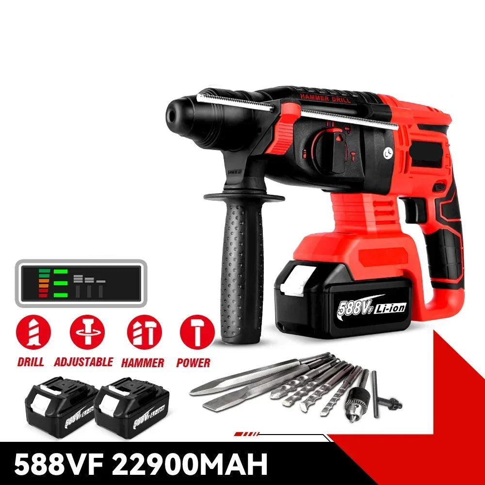 Boorhamer - Breekhamer - Boor - Klopboormachine - Bamerboormachine - Accu - Brushless - Elektrische Combihamer - 2000W - met 2 Accu’s, Lader en Accessoireset – Voor 21V/18V Batterijen