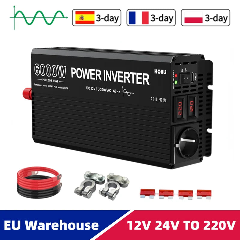 Power Inverter 5000W – Omvormer – Spanningsomzetter – Zuivere Sinusgolf Inverter – DC naar AC Converter – Zuivere Sinusgolf – LED Display – Aluminium Behuizing