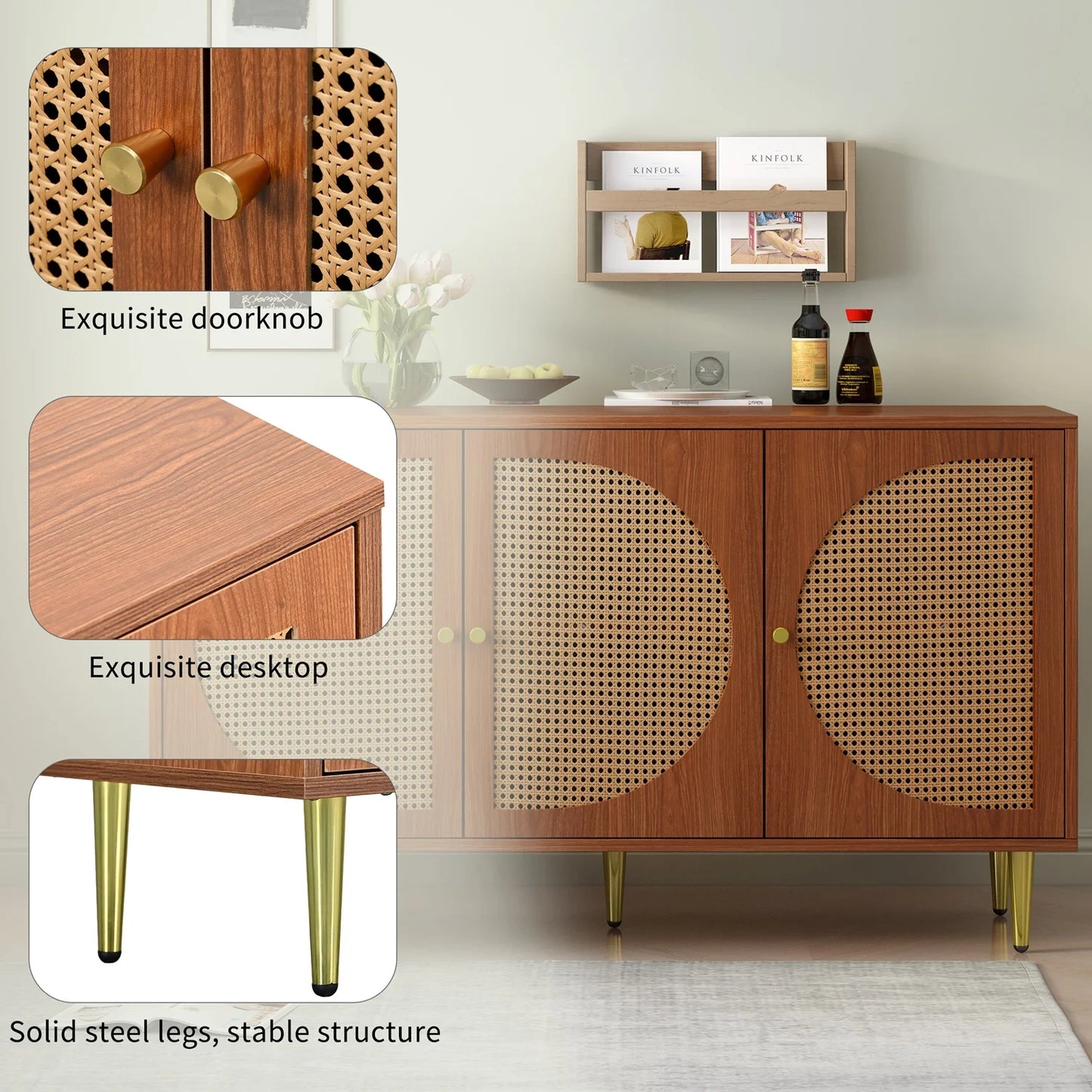 Dressoirkast – Dressoir – Opbergkast – Kast – Rieten Deuren – Walnootkleur – 3 Compartimenten