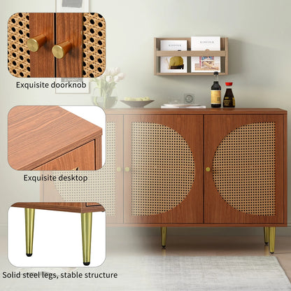Dressoirkast – Dressoir – Opbergkast – Kast – Rieten Deuren – Walnootkleur – 3 Compartimenten