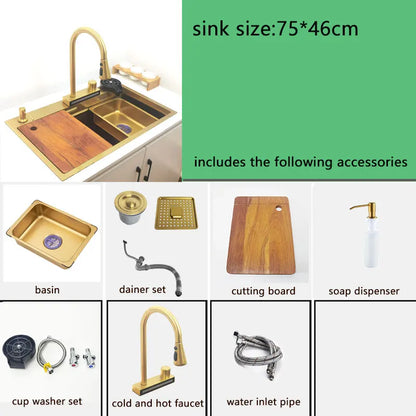 gold Waterfall faucet kichen sink Nano sink 304 Stainless Steel Golden Topmount Single Bowl Wash Basin 4 function kitchen faucet