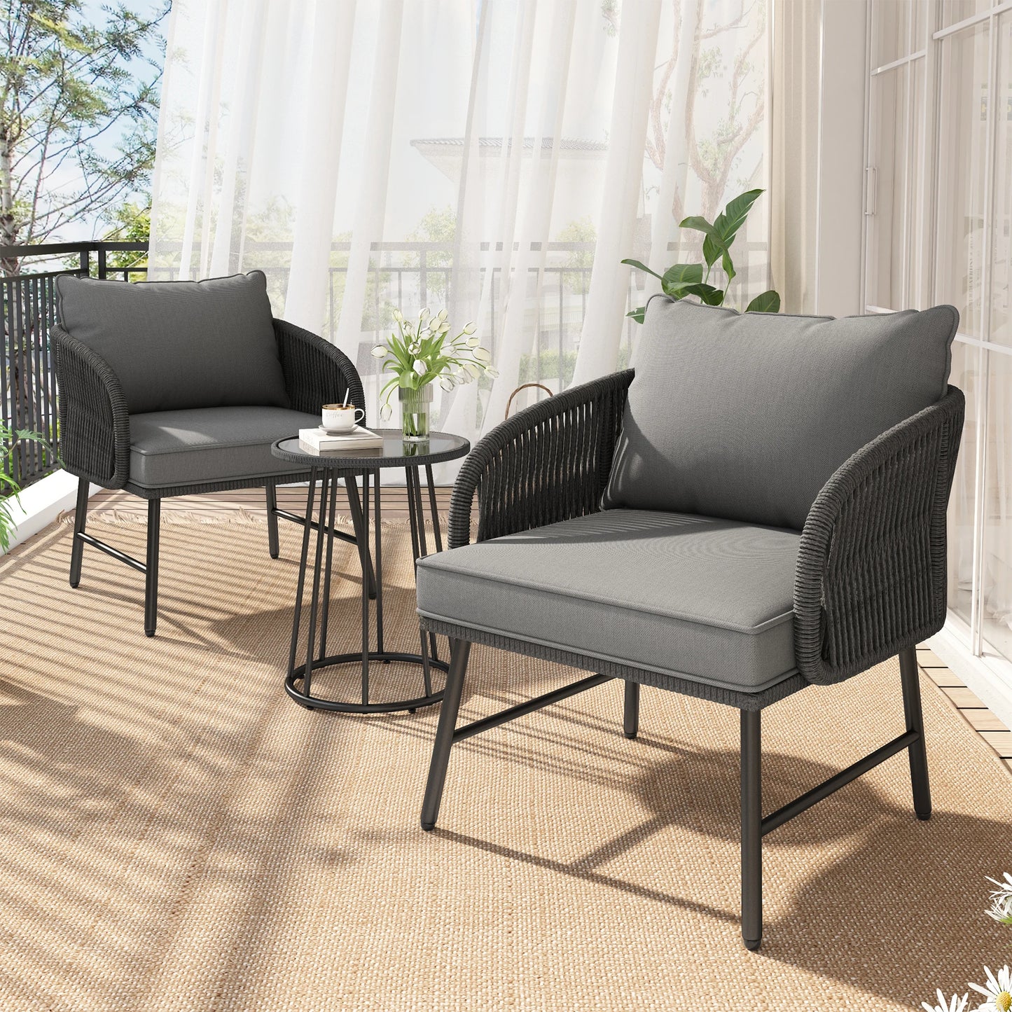 Drie-Delige Tuinset – Buitenset – Balkonset – Lounge Set – Tuinmeubel – Weerbestendig Staal – Handgeweven Rope