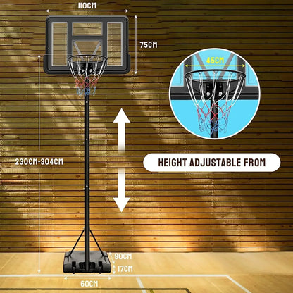 Verplaatsbare Basketbalring – Mobiele Basketbaldoel – Basketbalset – Basketbalring Met Net – Verstelbare Hoogte 230-304 cm – Weerbestendig Staal & PVC - Zwart - QUORE