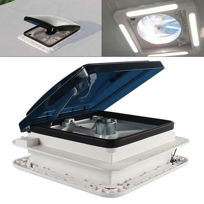 RV Dakventilator - Dakraam Ventilator - Caravan - Plafondventilator - Camper - LED verlichting - Insectenbestendig net - 12V RV - Handmatige Liftbediening, Plafond Ventilator met Rookkap IP68 - QUORE