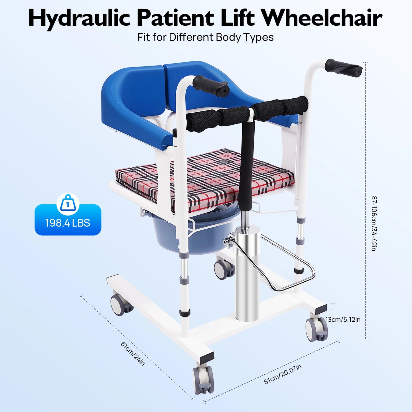 Hydraulische Patiëntenstoel – Verstelbare Stoel – Zorgstoel – Tilstoel – Mobiliteitsstoel – Hoogte Verstelbaar – Met Mobiele Wielen – Blauw