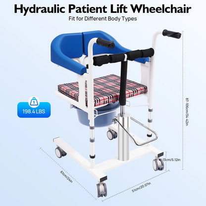 Hydraulische Patiëntenstoel – Verstelbare Stoel – Zorgstoel – Tilstoel – Mobiliteitsstoel – Hoogte Verstelbaar – Met Mobiele Wielen – Blauw