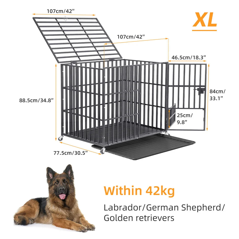 Hondenbench – Grote Hondenkennel – Stalen Bench – Ruime Dog Crate – Vierkante Metalen Buizen – Dubbele Veiligheidssloten – Uitneembare Bak - XL