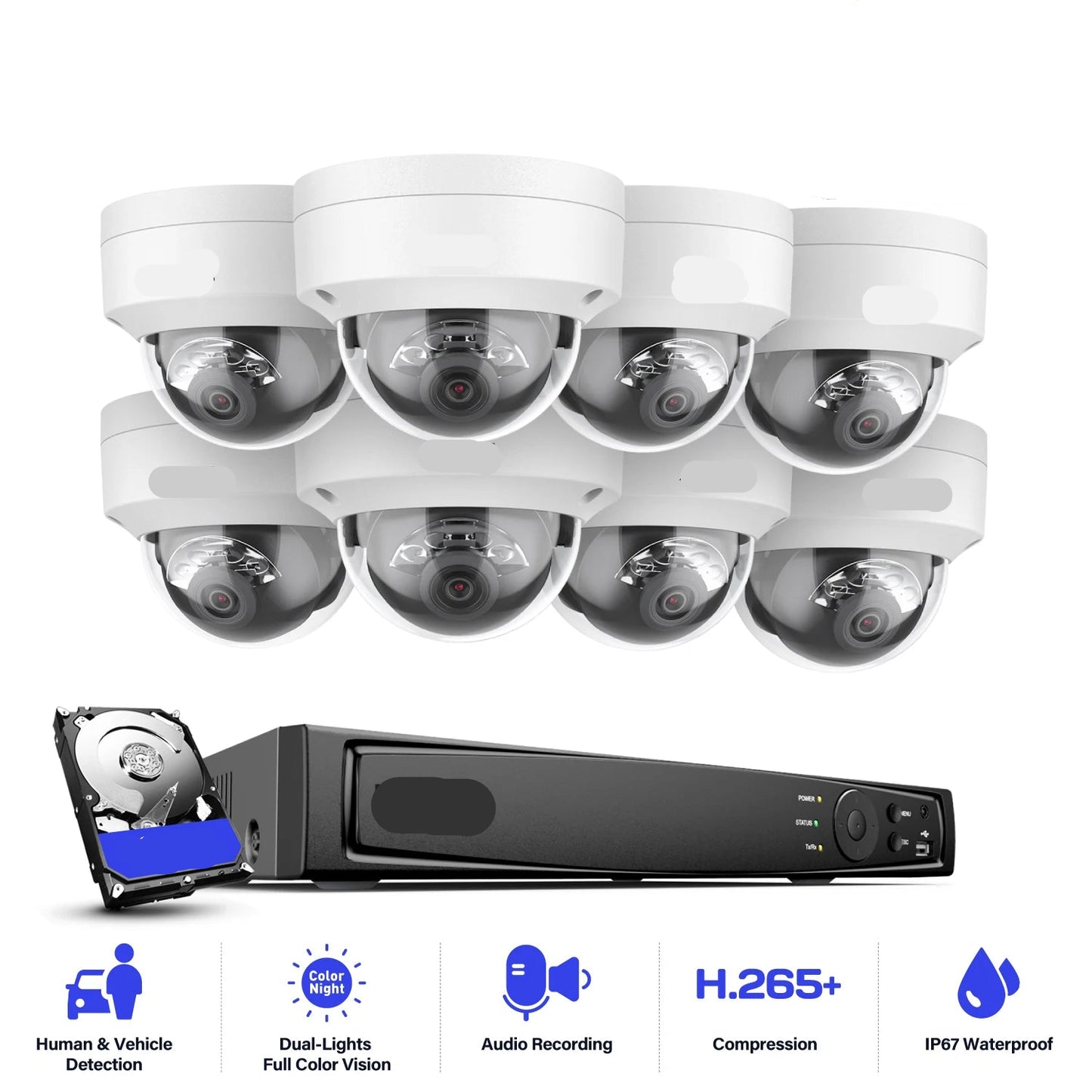 Beveiligingscamera's - Camerabewaking - CCTV Camerasysteem - 4K - 8-kanaals PoE Netwerk - NVR Recorder – Inclusief 4 Stuks 8MP Audio Opname IP Camera’s – Zonder HDD Opslag - QUORE