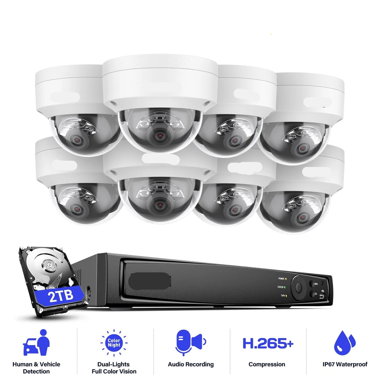 Beveiligingscamera's - Camerabewaking - CCTV Camerasysteem - 4K - 8-kanaals PoE Netwerk - NVR Recorder – Waterdichte - Inclusief 4 Stuks 8MP Audio Opname IP Camera’s – 2TB HDD Opslag