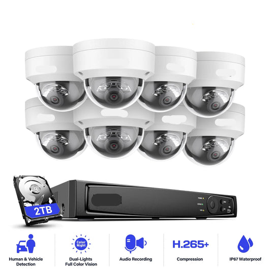 Beveiligingscamera's - Camerabewaking - CCTV Camerasysteem - 4K - 8-kanaals PoE Netwerk - NVR Recorder – Waterdichte - Inclusief 4 Stuks 8MP Audio Opname IP Camera’s – 2TB HDD Opslag