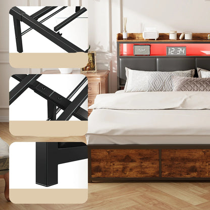 Bed – Opbergbed – Led Bed – Slaapbed – Met PU-Leer Hoofdbord – Vier Lades – Met Verstelbare LED-Verlichting
