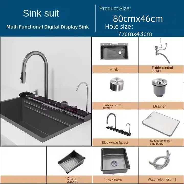 Keukenspoelbak – Spoelbak RVS – Enkele Bak – Keukenspoelbak RVS Enkele Bak – Waterspoelbak – 80x46 cm – 304 RVS – Digitale Watervalkraan geïntegreerd - QUORE