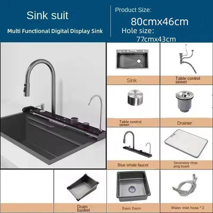 Keukenspoelbak – Spoelbak RVS – Enkele Bak – Keukenspoelbak RVS Enkele Bak – Waterspoelbak – 80x46 cm – 304 RVS – Digitale Watervalkraan geïntegreerd - QUORE