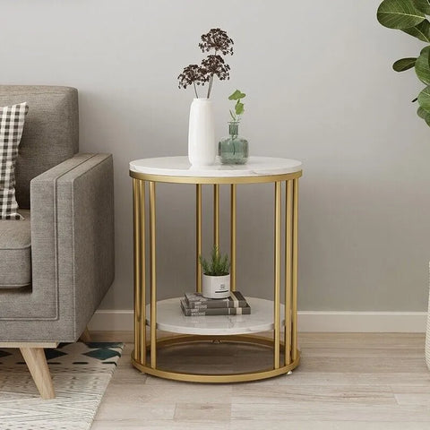 Side Table Round - Coffee Tables - Round Table - Side Tables Living Room - Shelf 2 Levels - Jewelry Storage - Metal Frame - Gold.